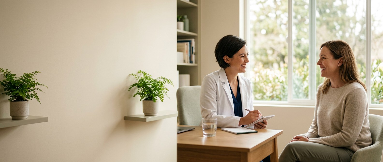 A clinician listening with care to a patient in a bright, welcoming clinic